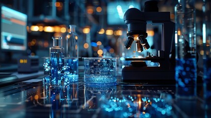 A lab with a microscope and a computer monitor. The lab is filled with various scientific equipment and chemicals