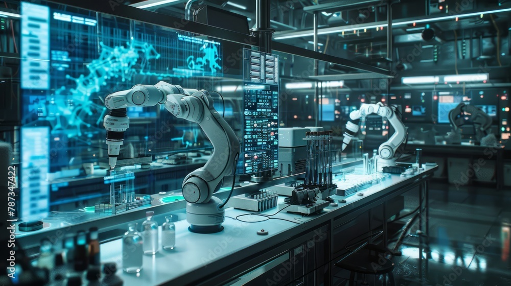 Poster A futuristic lab with robots and computers. The lab is filled with various scientific equipment and tools