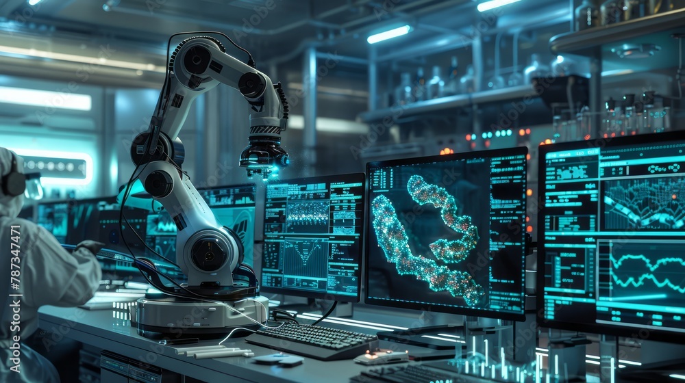 Poster A robot is in a lab with several computer monitors. The robot is surrounded by monitors displaying various data and information. Concept of technology and innovation