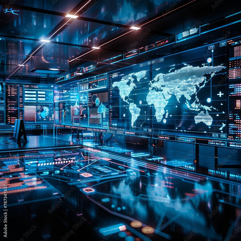 Poster A computer room with a large screen showing a map of the world. The room is filled with monitors and the atmosphere is futuristic and high-tech