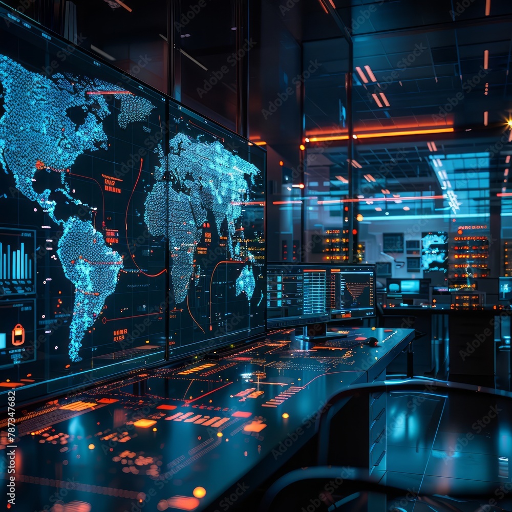 Poster A computer monitor displays a map of the world with a blue background. The map is filled with various colors and shapes, and it is a digital representation of the world. Scene is one of technology