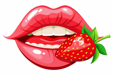 Obraz premium Illustration of a woman's lips with a strawberry on a white background
