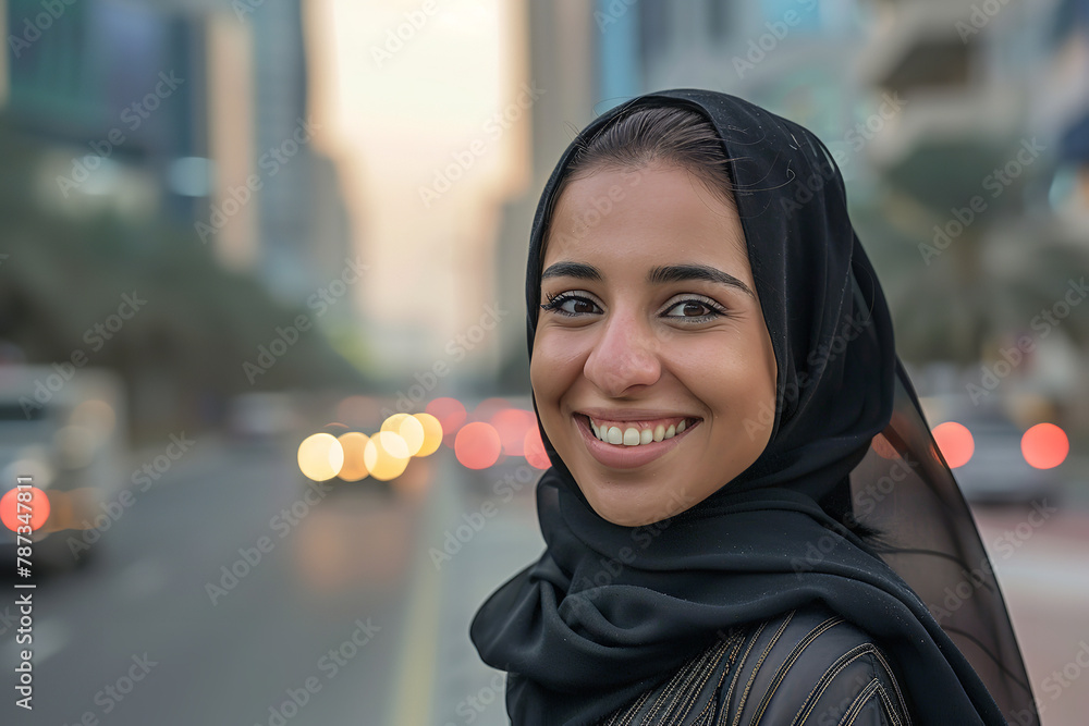 Wall mural image of a smiling woman in city