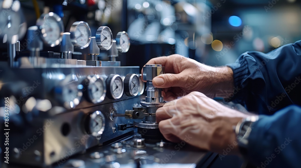 Poster a man is working on a machine with many gauges and valves. he is wearing a watch and he is focused o