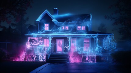 a surreal scene where an AI painter uses invisible ink to hidden messages and patterns on a house's...