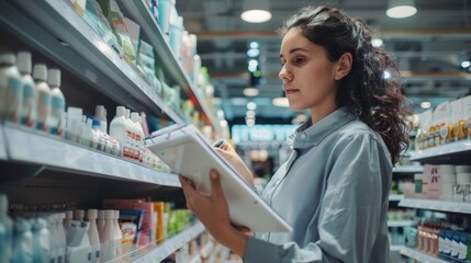 In a busy retail store a group of employees carefully arrange newly arrived products on shelves. The retail manager oversees their work her clipboard in hand as she checks off each .