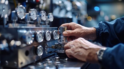 A man is working on a machine with many gauges and valves. He is wearing a watch and he is focused on his task - obrazy, fototapety, plakaty