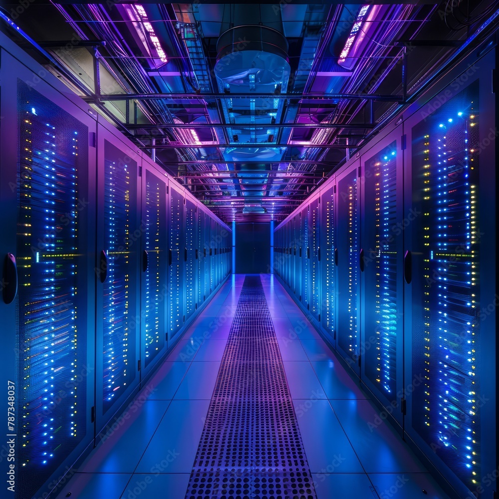 Poster a long hallway with many computer servers lit up in blue. the blue lights give the impression of a f