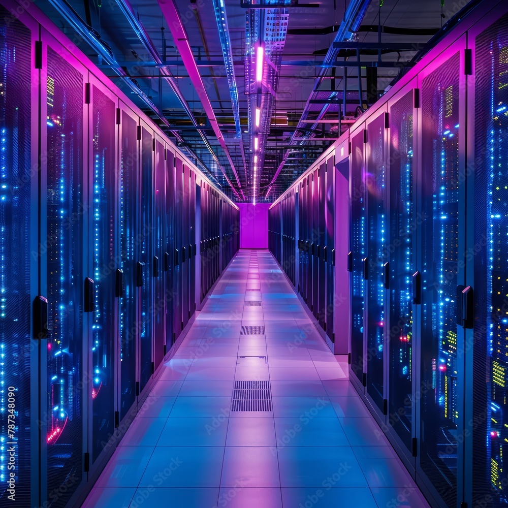 Poster a long hallway with many computer servers. the lights are blue and purple. scene is futuristic and t