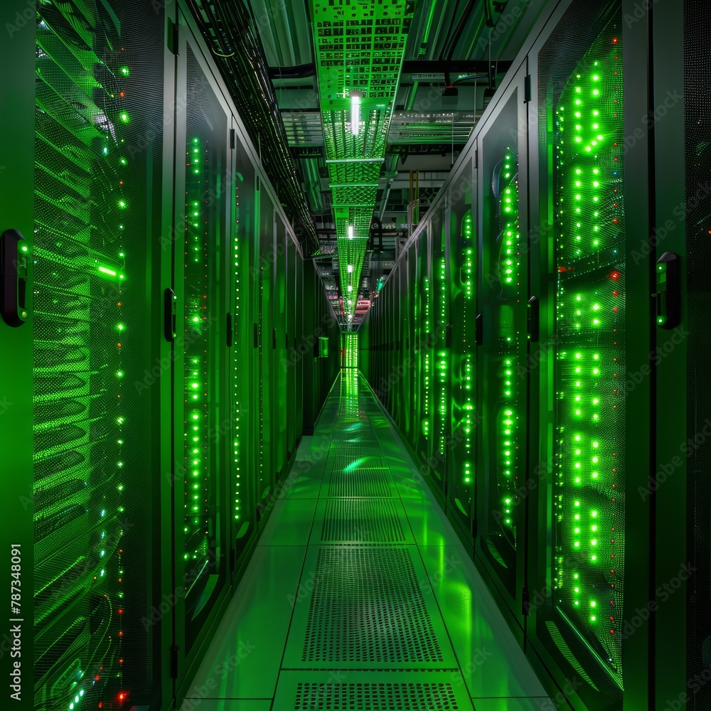Poster a long green hallway with rows of green computer servers