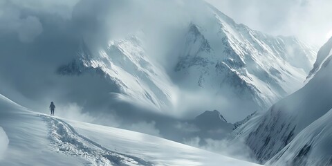 A breathtaking expansive snowy mountain scene with a solitary hiker trekking through, emphasizing scale and nature's grandeur