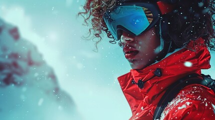 a detailed image of a confident female snowboarder poised at the top of a snowy mountain