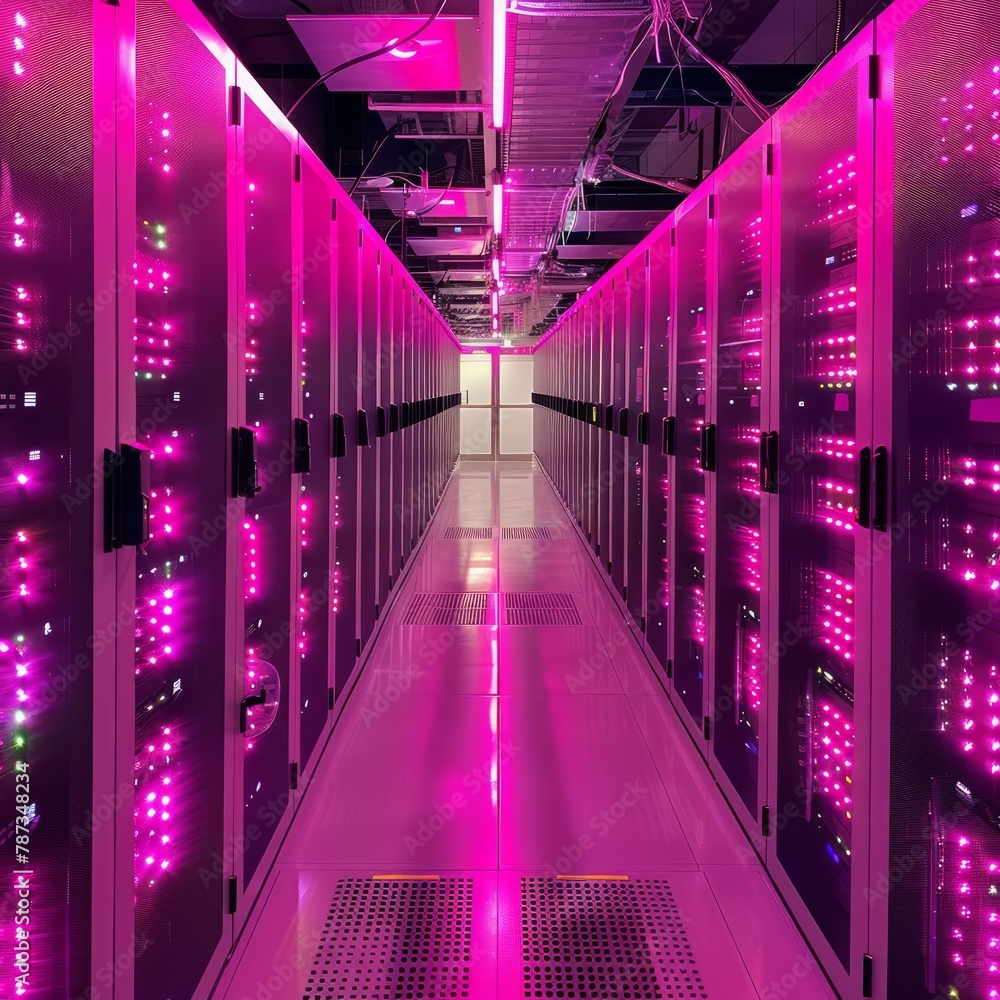 Poster a long hallway with pink lights and white walls. the lights are bright and colorful, creating a live