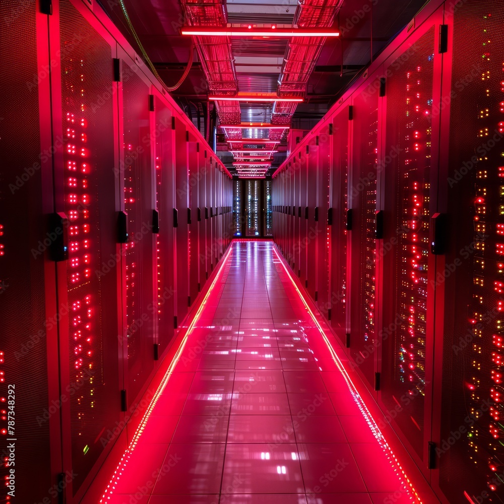 Poster a long hallway with red lights on the floor. the lights are bright and colorful, creating a lively a