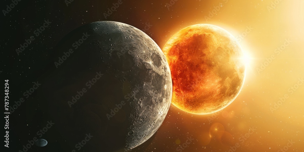 Poster a conceptual image of the sun and moon in alignment, creating a partial eclipse effect.
