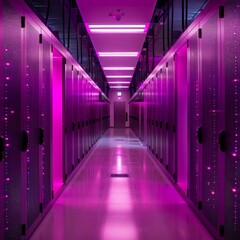 Fototapeta premium A long hallway with pink walls and pink lights