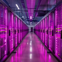Fototapeta premium A long hallway with many computer servers lit up in a purple hue. The servers are arranged in rows and are connected to each other. The lighting creates a sense of a futuristic, high-tech environment