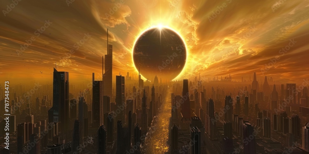 Poster a digital artwork of a futuristic cityscape with a partial solar eclipse in the background.