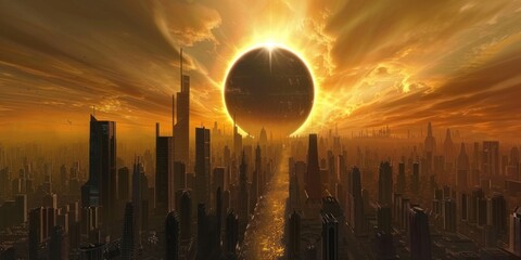A digital artwork of a futuristic cityscape with a partial solar eclipse in the background.  - Powered by Adobe