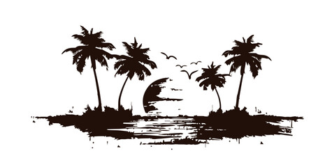 Summer illustration, palm tree, sea, sun, hand drawn style	
