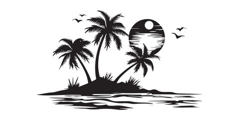 Fototapeta na wymiar Summer illustration, palm tree, sea, sun, hand drawn style 