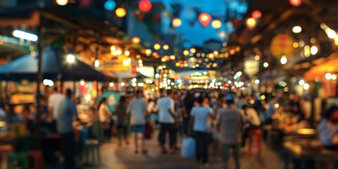 A vibrant and blurry scene captures the lively atmosphere of a night market bustling with people and illuminated by string lights