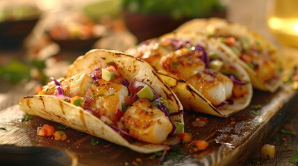 crispy fish tacos topped with tangy slaw and creamy avocado salsa. - obrazy, fototapety, plakaty