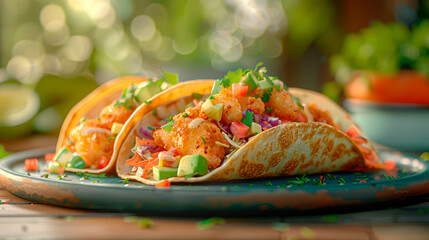 Transport your taste buds to the beach with crispy fish tacos topped with tangy slaw and creamy avocado salsa. - obrazy, fototapety, plakaty