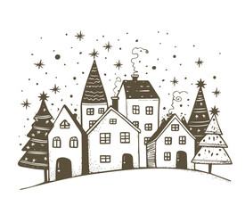 Obraz premium Christmas home and tree, Sketch, Pictogram Art, Black on white image