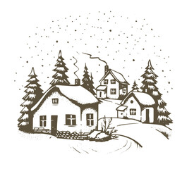 Fototapeta premium Christmas home and tree, Sketch, Pictogram Art, Black on white image