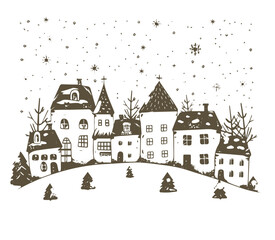 Christmas home and tree, Sketch, Pictogram Art, Black on white image