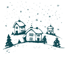 Obraz na płótnie Canvas Christmas home and tree, Sketch, Pictogram Art, Black on white image