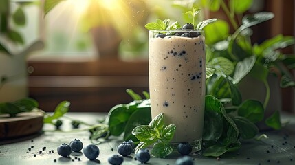 a protein-packed smoothie featuring whey protein, banana, spinach, and a handful of blueberries. - obrazy, fototapety, plakaty