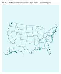 USA plain country map. High Details. Outline Regions style. Shape of USA. Vector illustration.