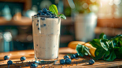 Energize yourself with a protein-packed smoothie blending whey protein, banana, spinach, and a handful of blueberries. - obrazy, fototapety, plakaty