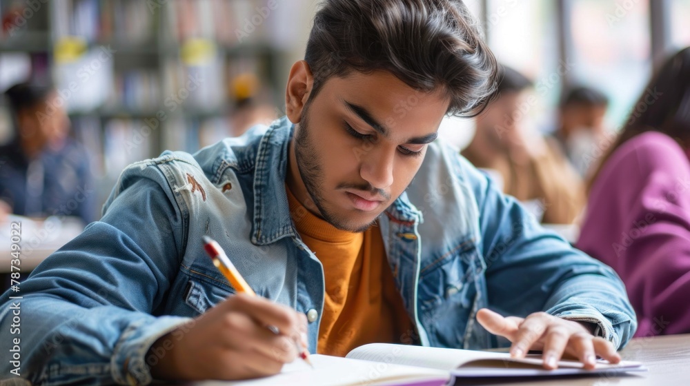 Poster a student sitting at a desk, writing in a notebook with a focused expression.