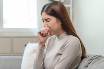 Female unhealthy Sickness, asian young woman, girl unwell and coughing, have cold, sore throat...