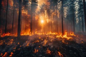 Uncontrollable fire engulfs expansive forest wilderness - obrazy, fototapety, plakaty