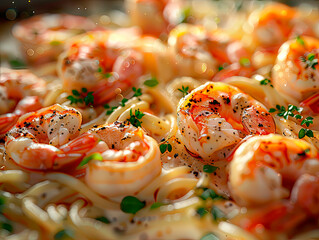 a creamy seafood pasta dish packed with plump shrimp, tender scallops, and a rich garlic cream sauce - obrazy, fototapety, plakaty