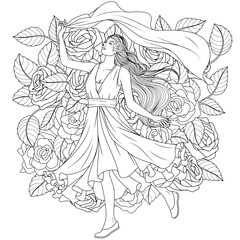 Vector illustration, beautiful girl dances against the background of large roses.