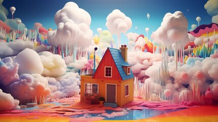 a house engulfed in a surreal dreamscape, as AI painters bring the landscape to life through vivid colors and abstract patterns - obrazy, fototapety, plakaty