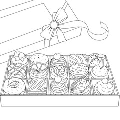 Vector illustration, box with a variety of cakes
