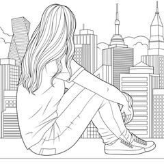 Vector illustration, girl looks out the window at the city while sitting on the sill