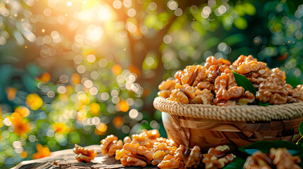 Enjoy the crunchy goodness of honey-roasted walnuts, a delicious and nutritious snack for any time of day. - obrazy, fototapety, plakaty