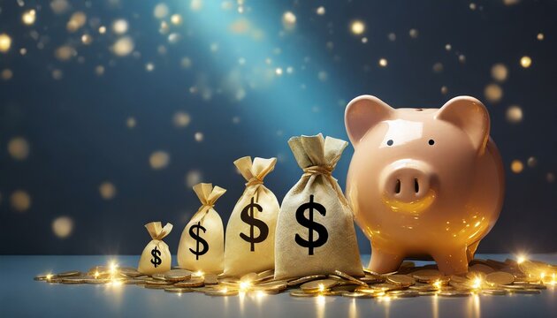 Illustration of a piggy bank on blue background with money bags and lights. Light Effect in the composition.
