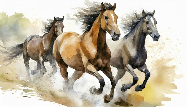 watercolor painting of running horses