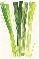 Green leek brush strokes. Hand-painted acrylic leek representation with green and yellow tones on white background. 