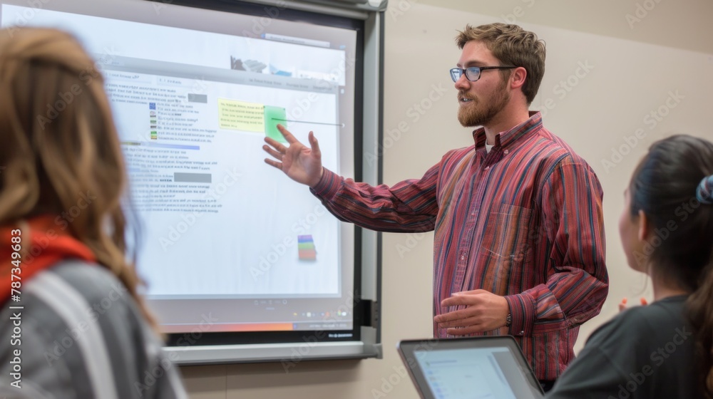 Poster a teacher giving a lesson with interactive tools like a smartboard or projector.
