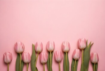 A row of pink tulips with green leaves against a pink background