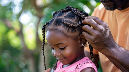 Closeup of a father braiding his daughters hair showcasing the special bond and tenderness between a parent and child that is celebrated at Fostered by Compassion. . - obrazy, fototapety, plakaty